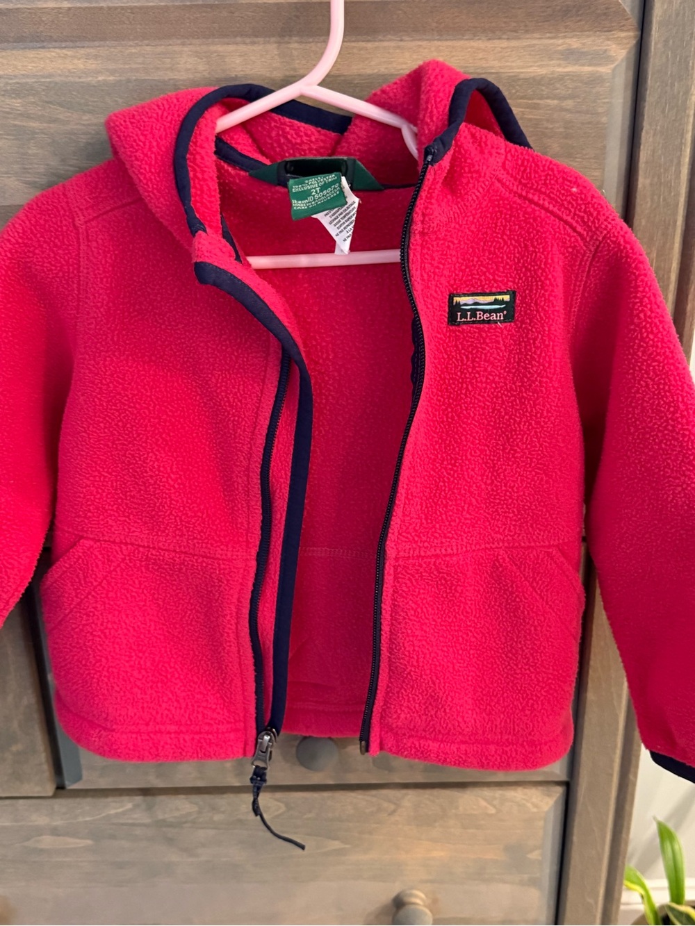 L.L. Bean Kids' Bright Pink Hooded Fleece Jacket with Navy Trim